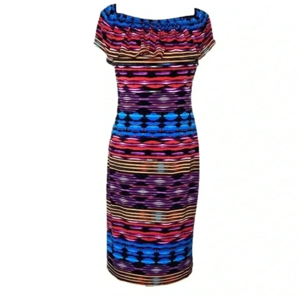 Maggy London Size 4 slimming Dress Ruffles Blue Purple Yellow Magenta Colors - Picture 3 of 10